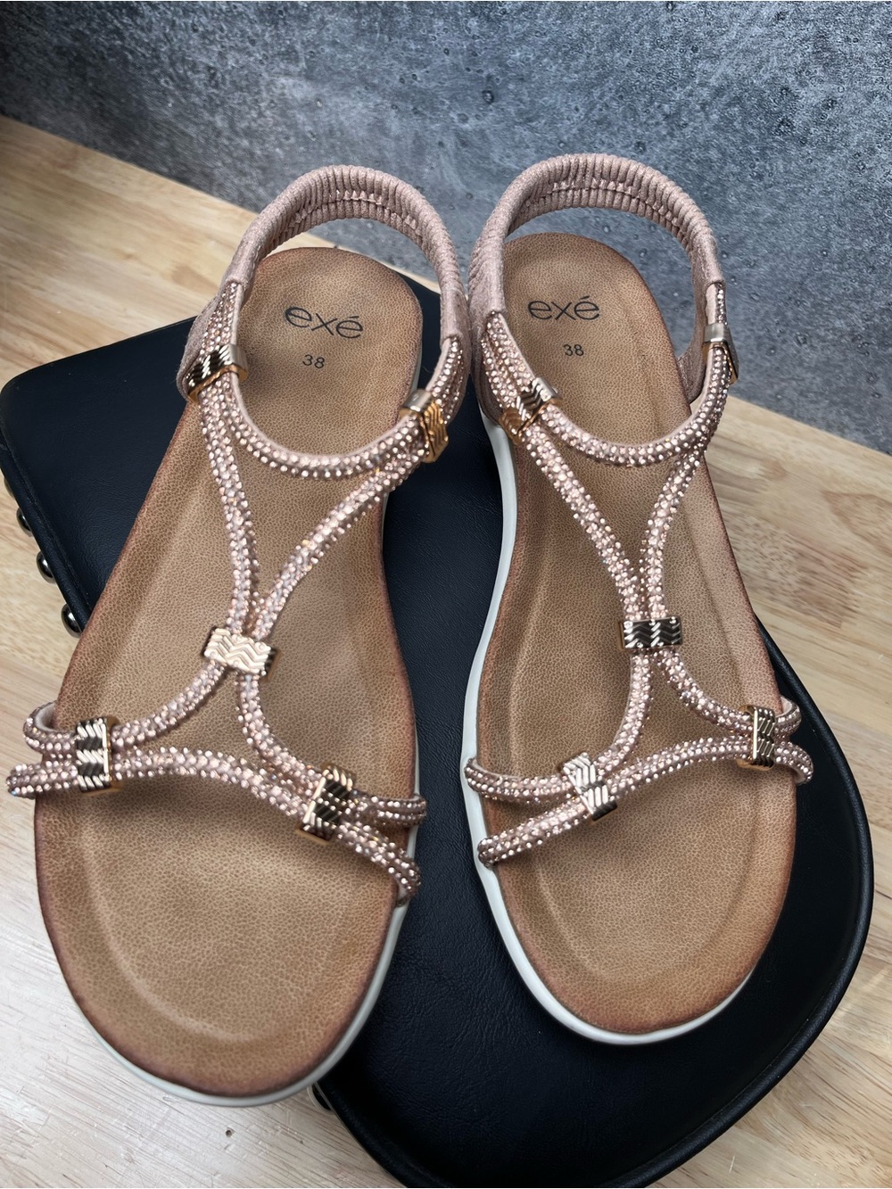 EXE Rose Gold Jeweled T-Strap Women's Sandals